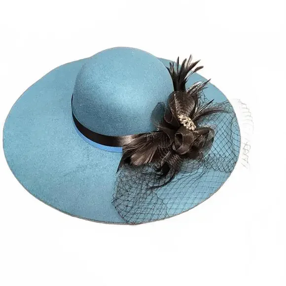 Wide Brim Teal Derby Church Hat Black Feathers Teal Velvet Wide Brim Hat with Satin Rose | The Derby  main image 4